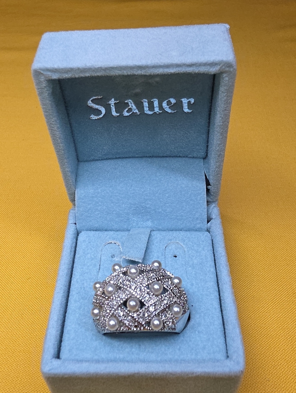 Stauer Vintage .925 Sterling Silver Pearl CZ Basket Weave Dome Cocktail Ring 7